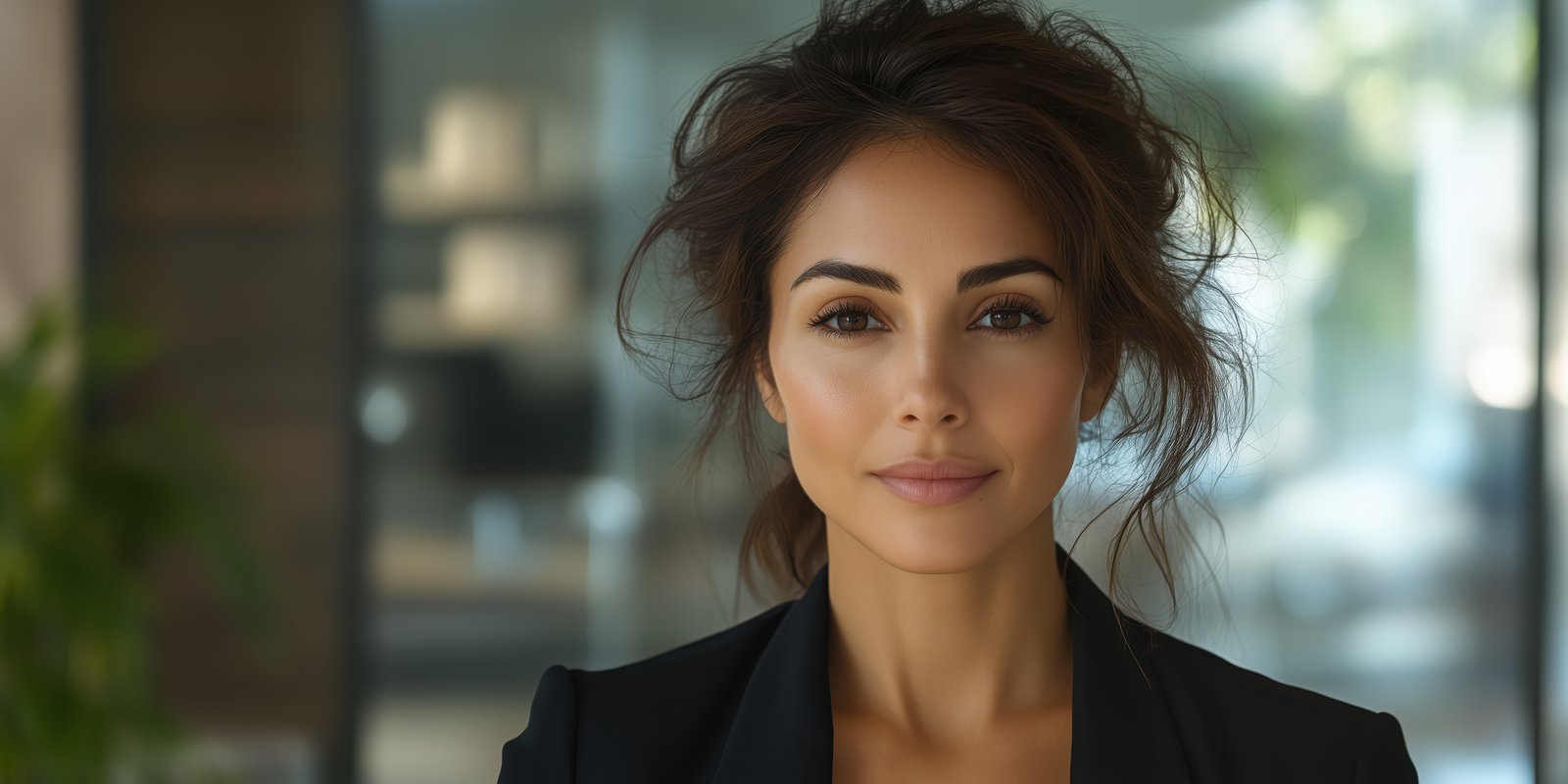 Woman with long hair in an office setting looking confidently at the camera during daytime hours